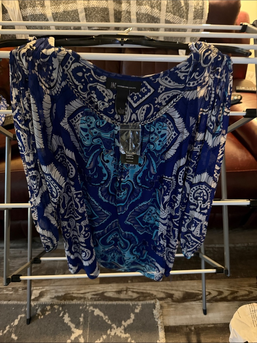 INC International Concepts Blue and White Paisley-Print Top with cold shoulder